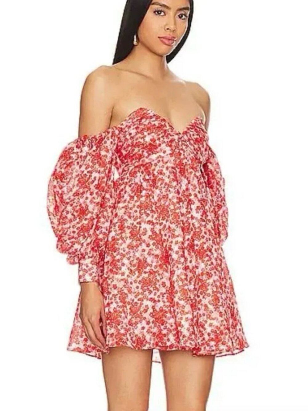 Bardot Lani Mini Off-Shoulder Floral Mini Dress Pink Red White Print Never Worn - Picture 6 of 9